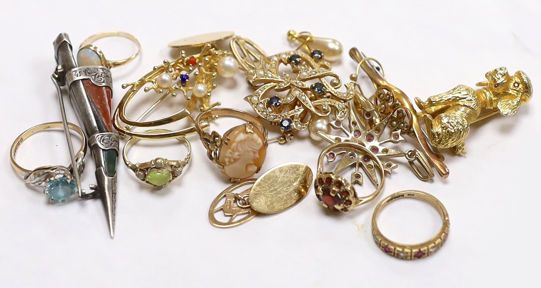 Six assorted mainly modern 9ct gold and gem set dress rings, including cameo shell, blue zircon and white opal, a pair of 9ct gold Masonic cufflinks, four assorted 9ct brooches, including model of a poodle, 34mm and two
